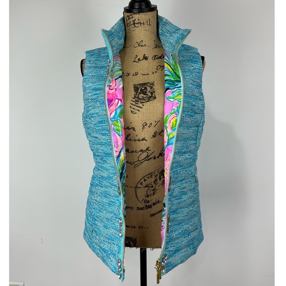 Lilly Pulitzer Noella Crystal Embellished Blue Oasis Resort Boucle Vest Medium - Picture 6 of 9